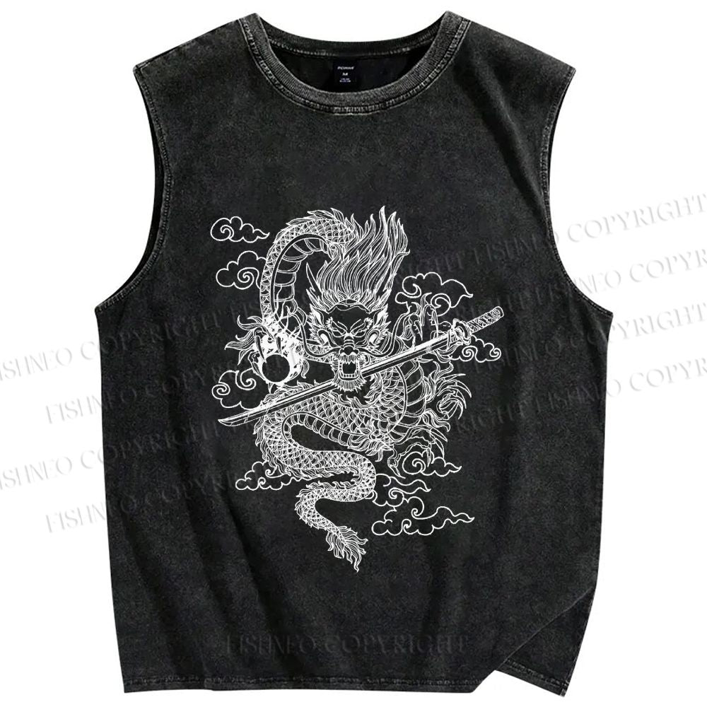 Unisex Azure dragon Printed Washed Tank Top