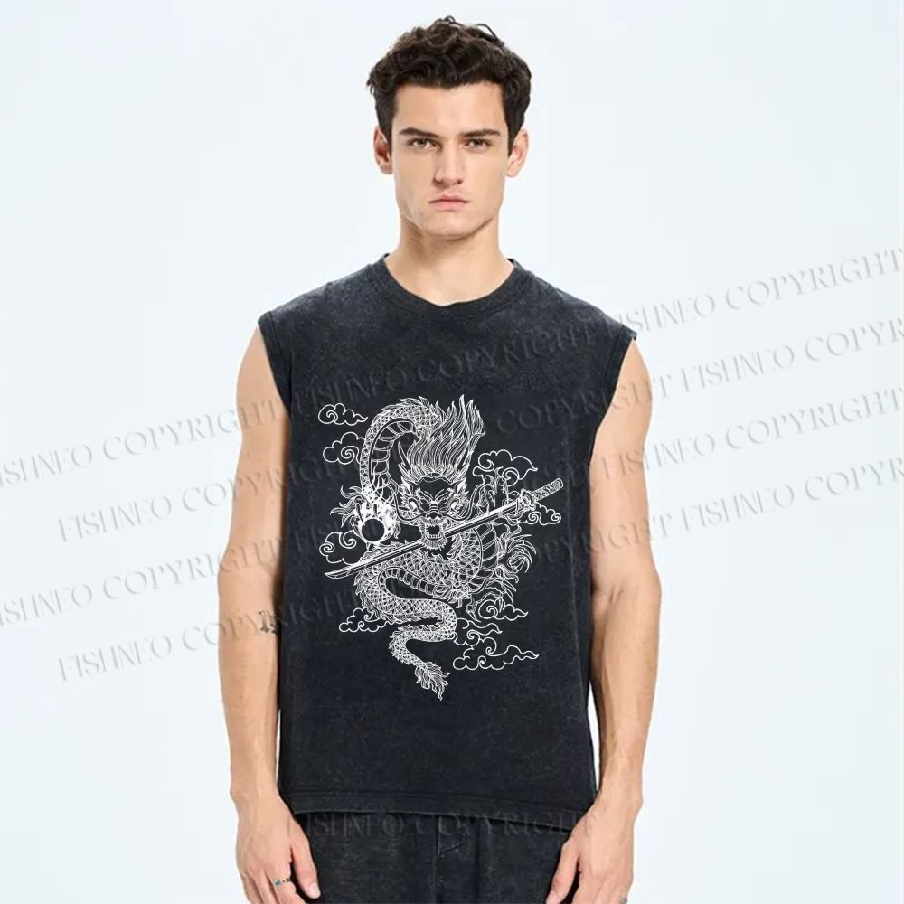 Unisex Azure dragon Printed Washed Tank Top