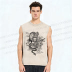 Unisex Azure dragon Printed Washed Tank Top