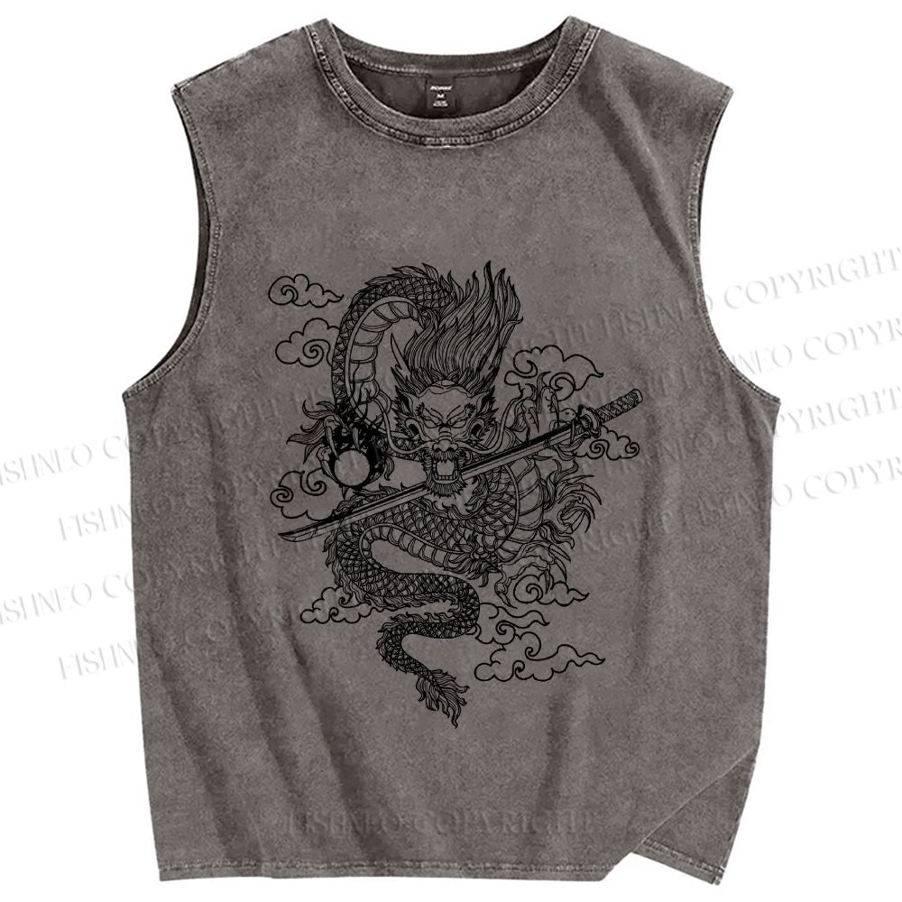 Unisex Azure dragon Printed Washed Tank Top