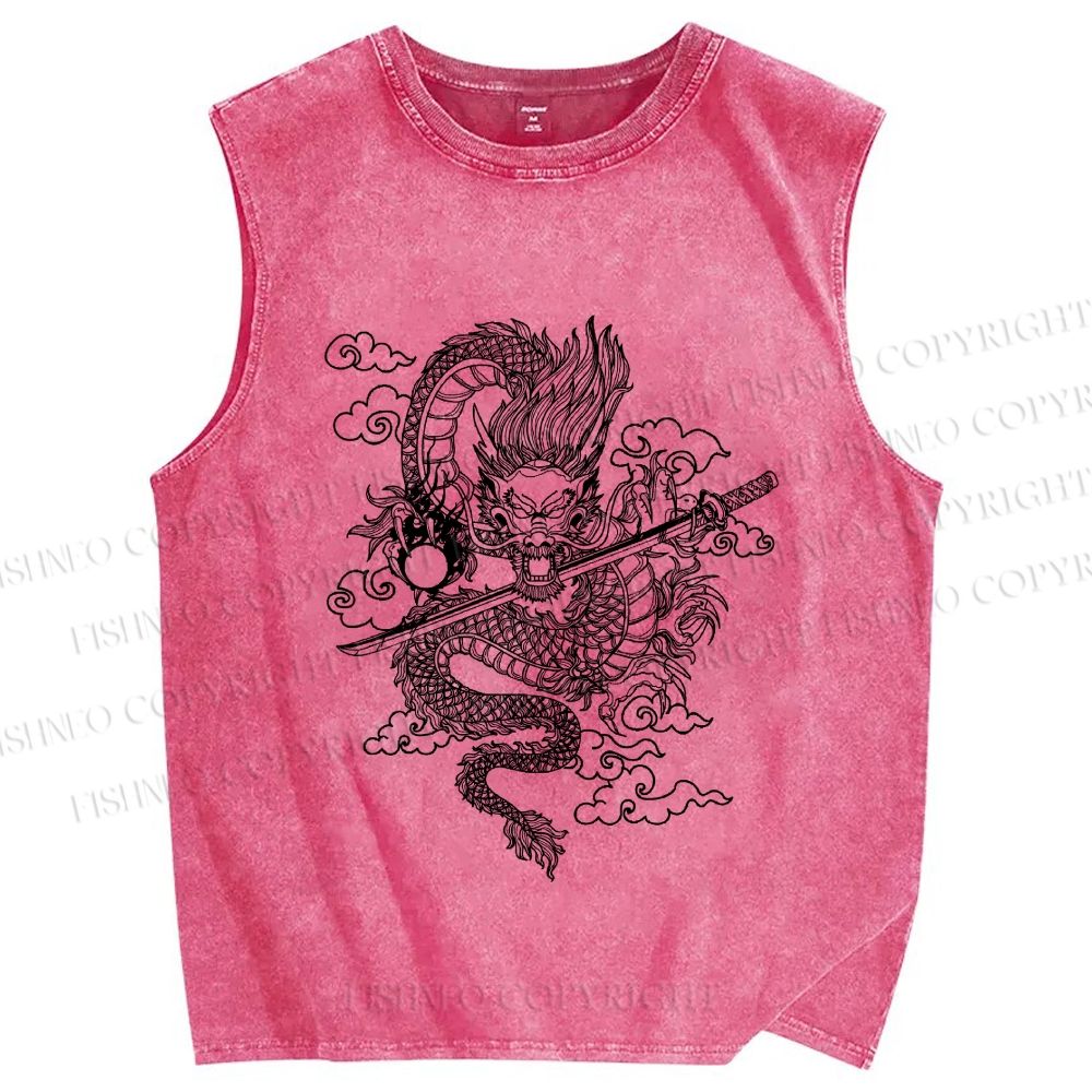 Unisex Azure dragon Printed Washed Tank Top
