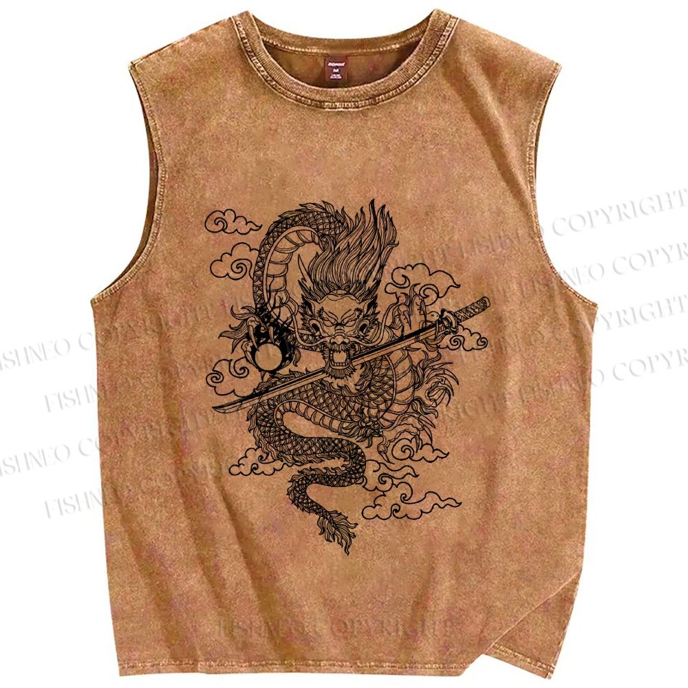 Unisex Azure dragon Printed Washed Tank Top