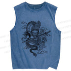 Unisex Azure dragon Printed Washed Tank Top