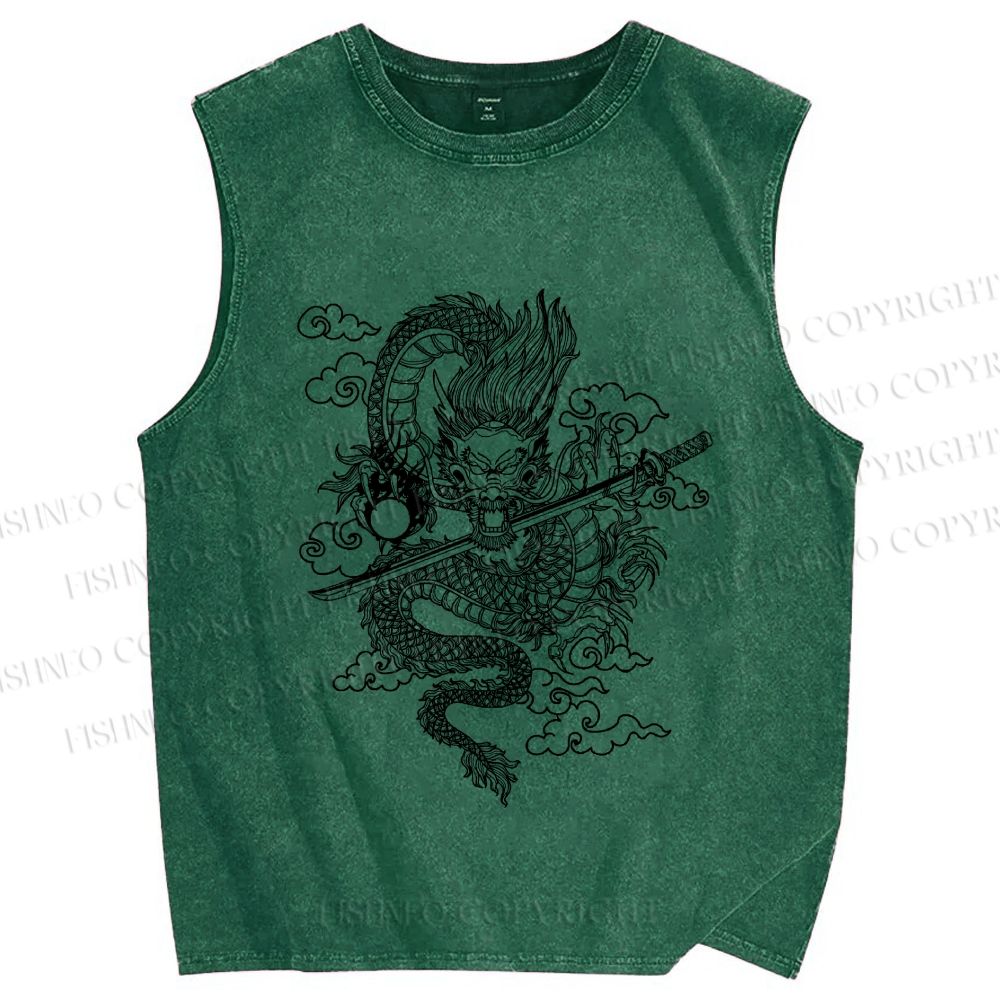 Unisex Azure dragon Printed Washed Tank Top