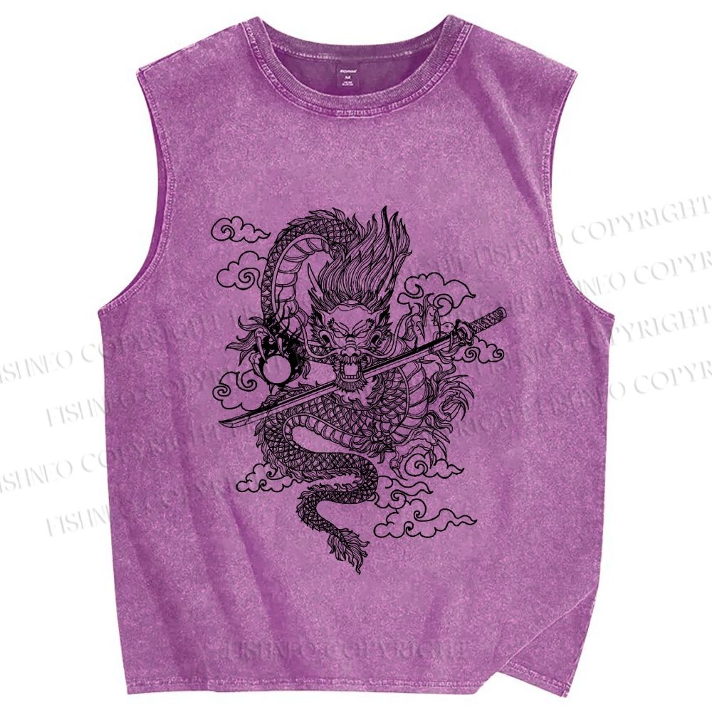 Unisex Azure dragon Printed Washed Tank Top