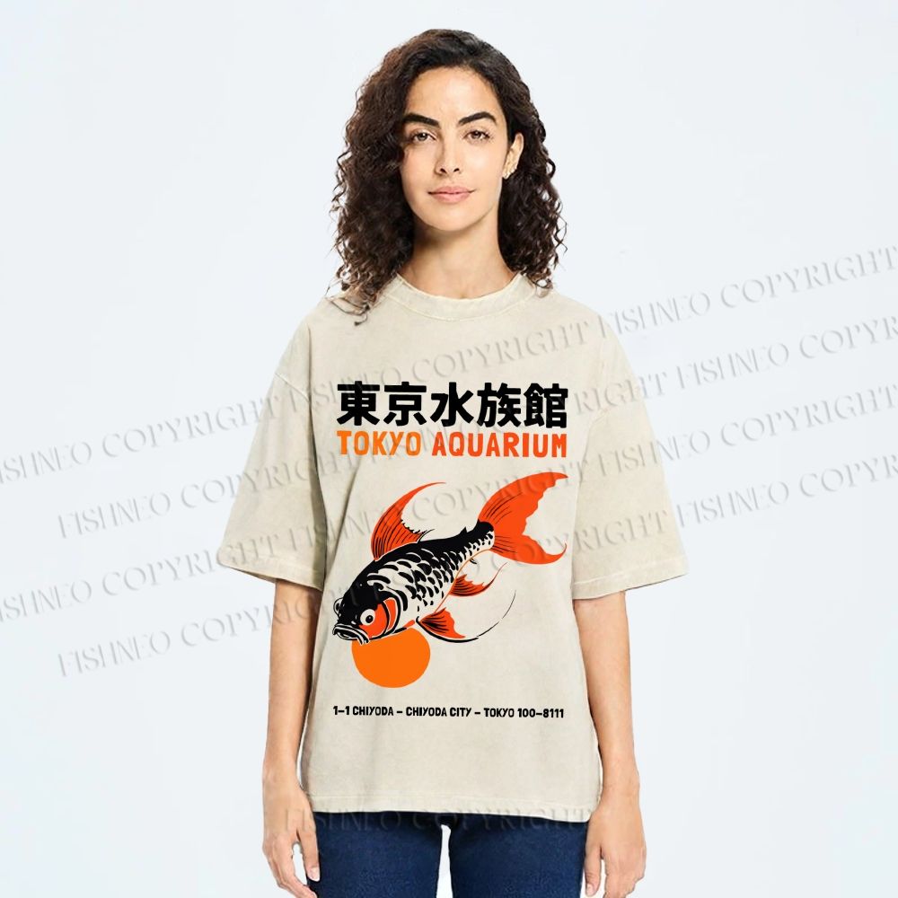 Unisex Tokyo Aquarium Koi Fish Printed Washed Tee