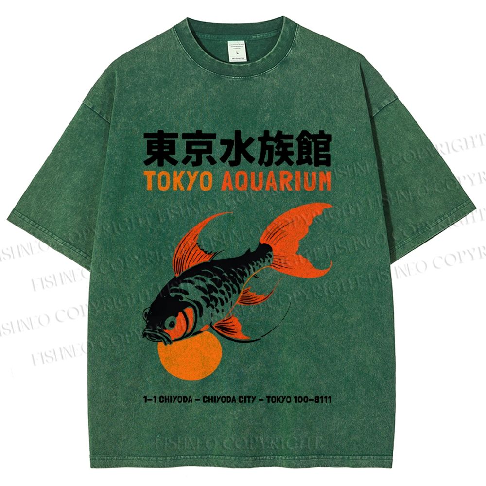 Unisex Tokyo Aquarium Koi Fish Printed Washed Tee