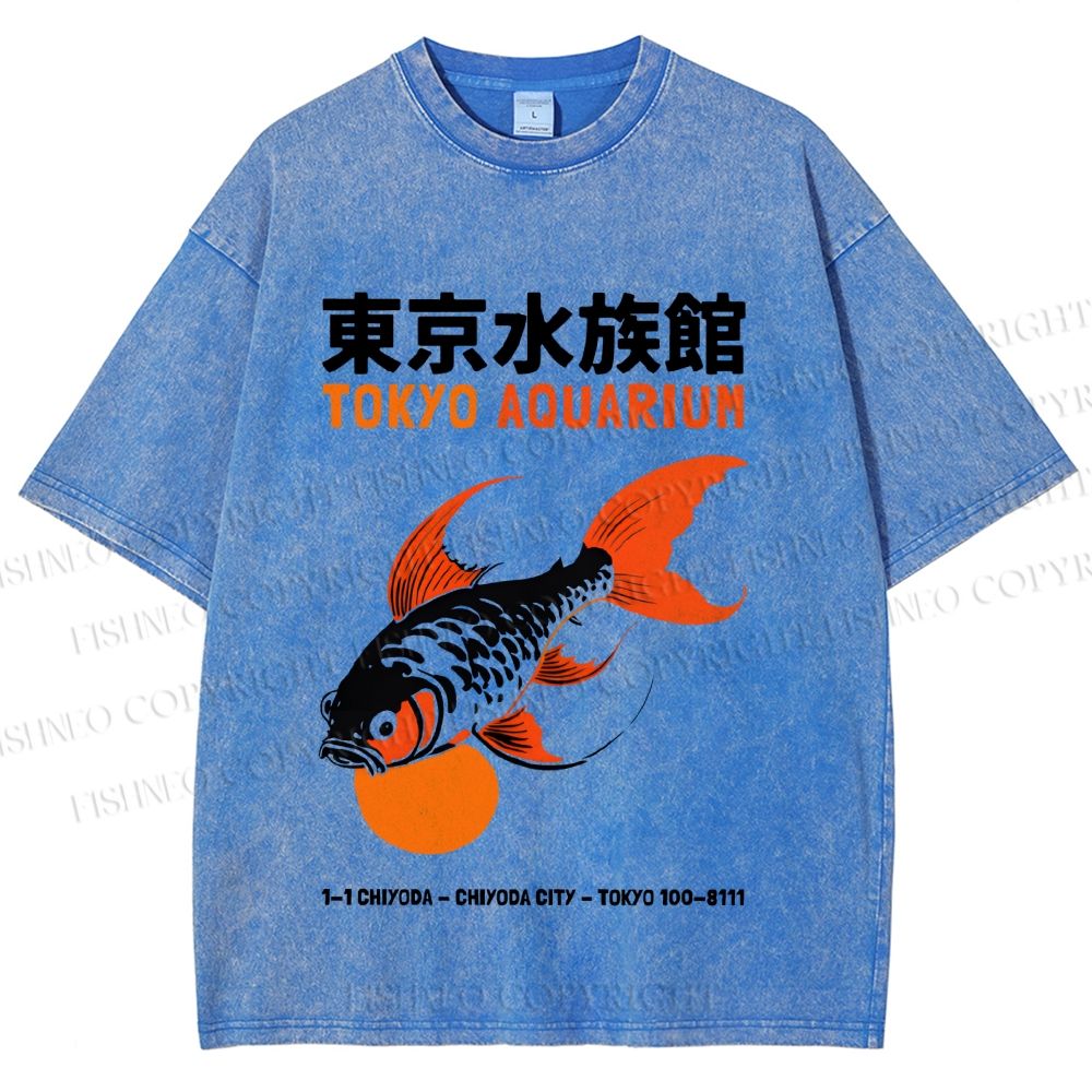 Unisex Tokyo Aquarium Koi Fish Printed Washed Tee