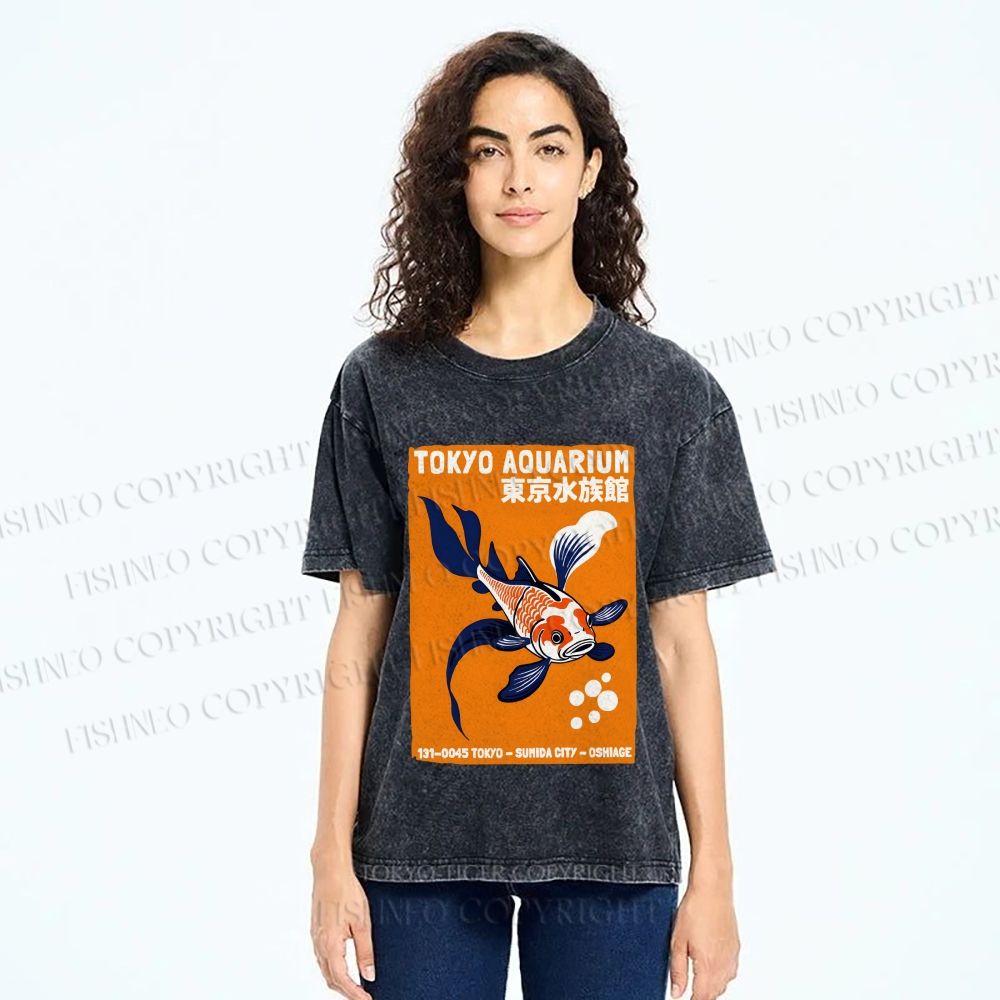 Unisex Tokyo Aquarium Koi Fish Printed Washed Tee