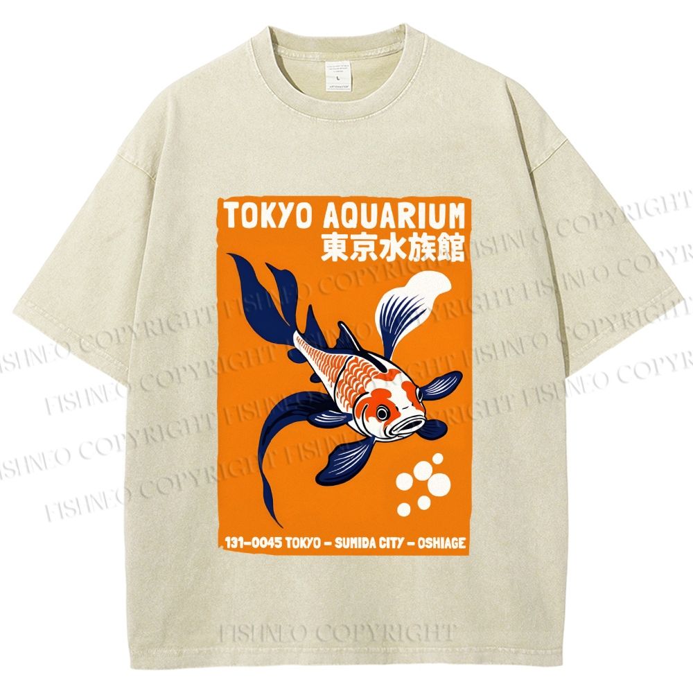 Unisex Tokyo Aquarium Koi Fish Printed Washed Tee