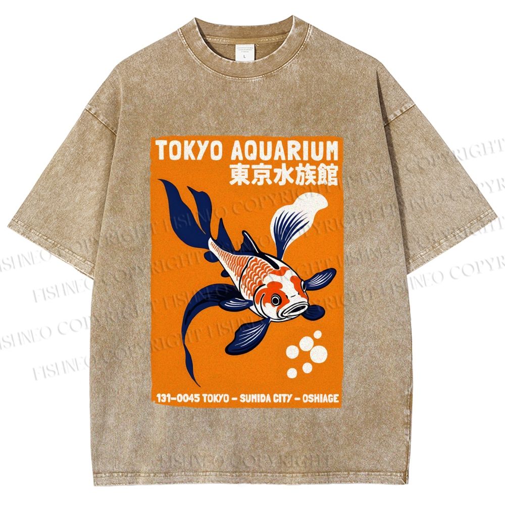 Unisex Tokyo Aquarium Koi Fish Printed Washed Tee