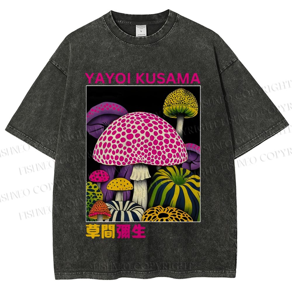Unisex Yayoi Kusama Mushroom Printed Washed Tee
