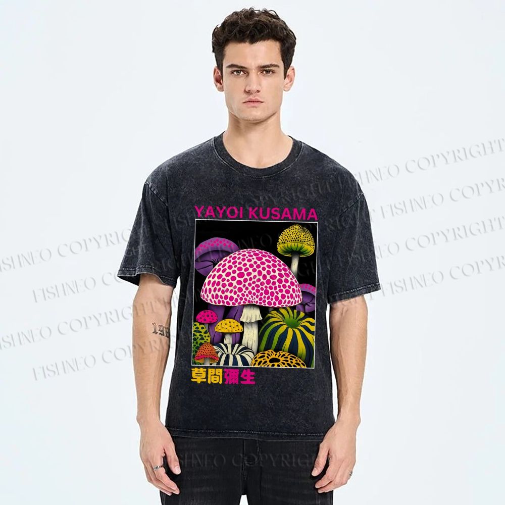 Unisex Yayoi Kusama Mushroom Printed Washed Tee
