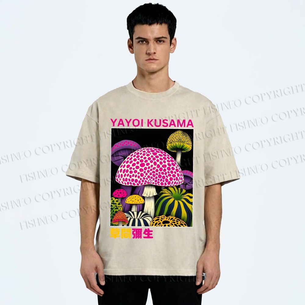 Unisex Yayoi Kusama Mushroom Printed Washed Tee