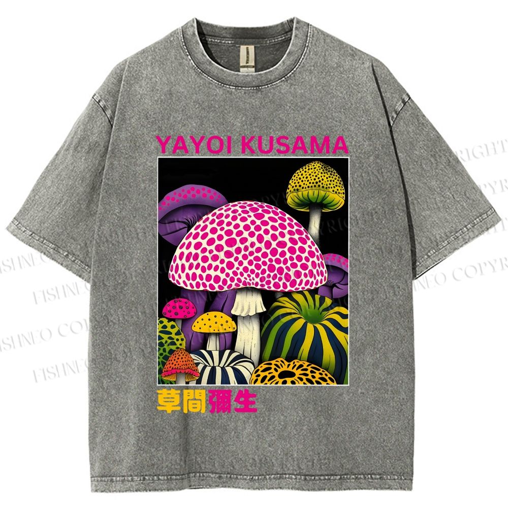 Unisex Yayoi Kusama Mushroom Printed Washed Tee