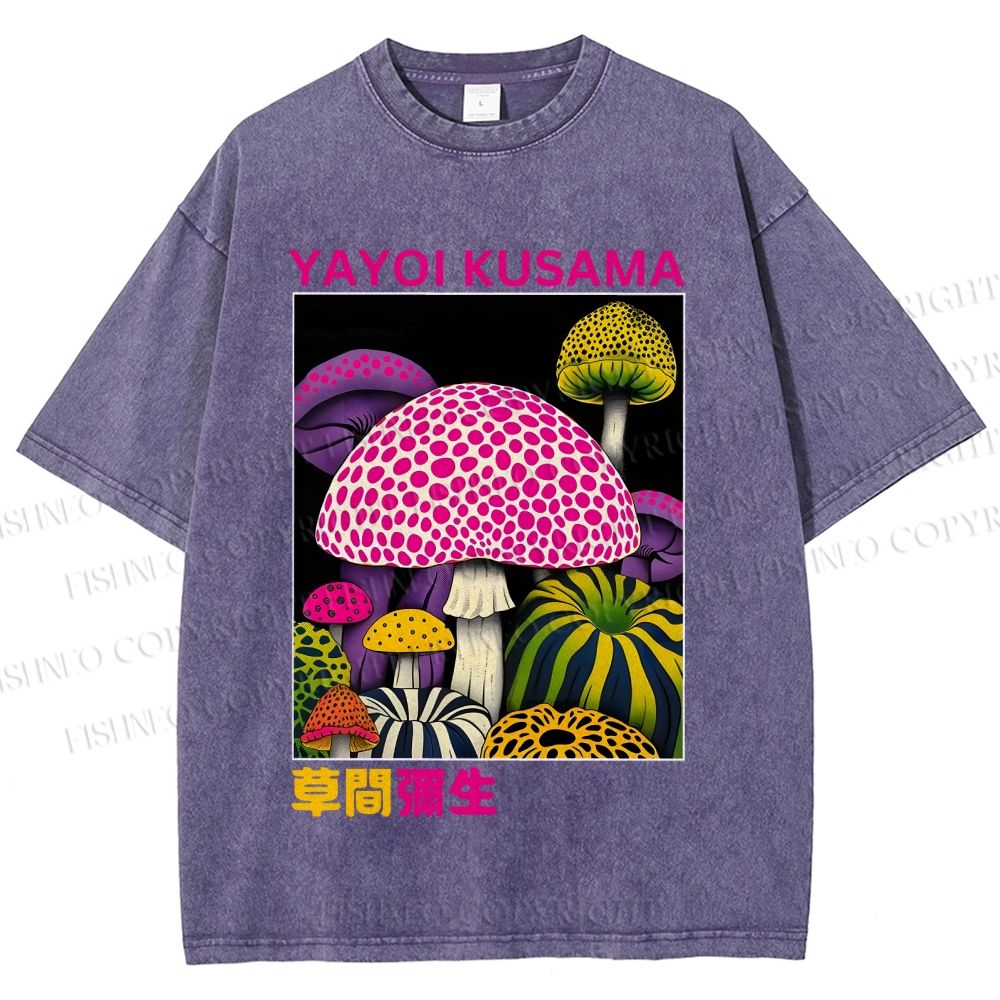 Unisex Yayoi Kusama Mushroom Printed Washed Tee