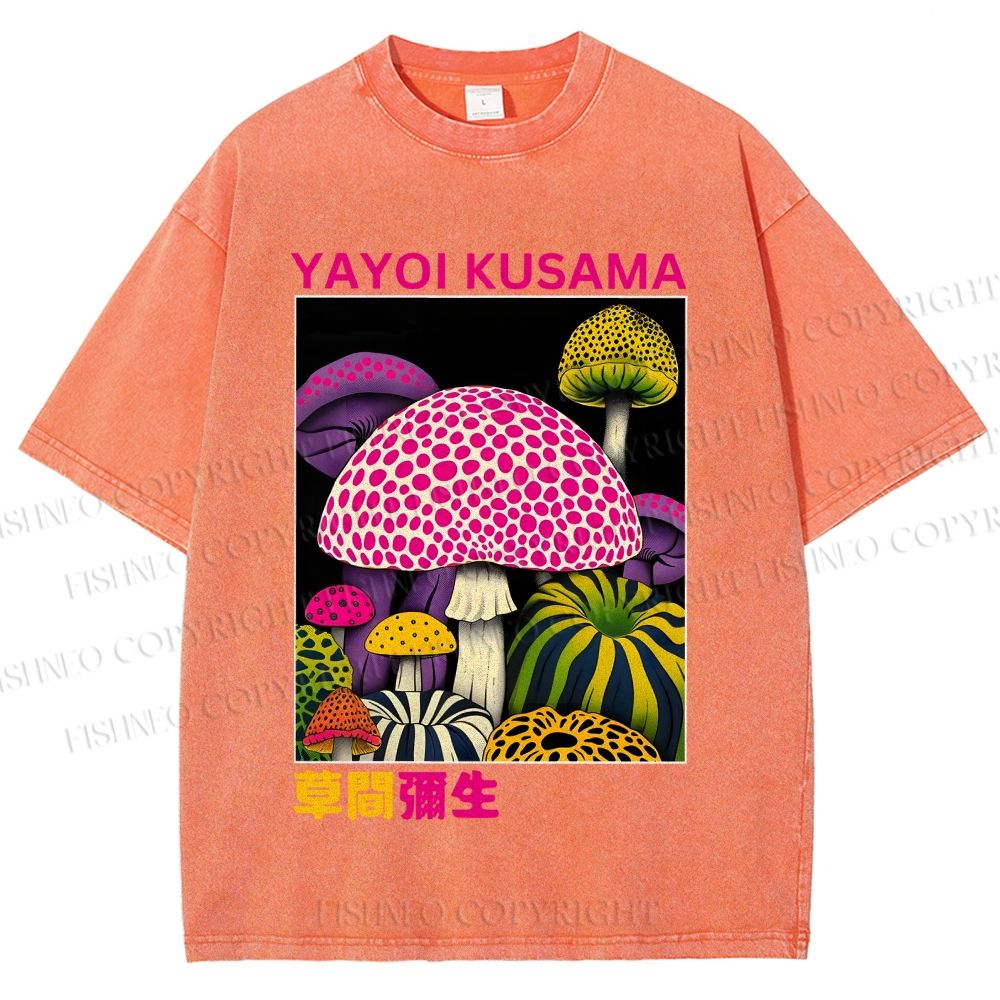 Unisex Yayoi Kusama Mushroom Printed Washed Tee