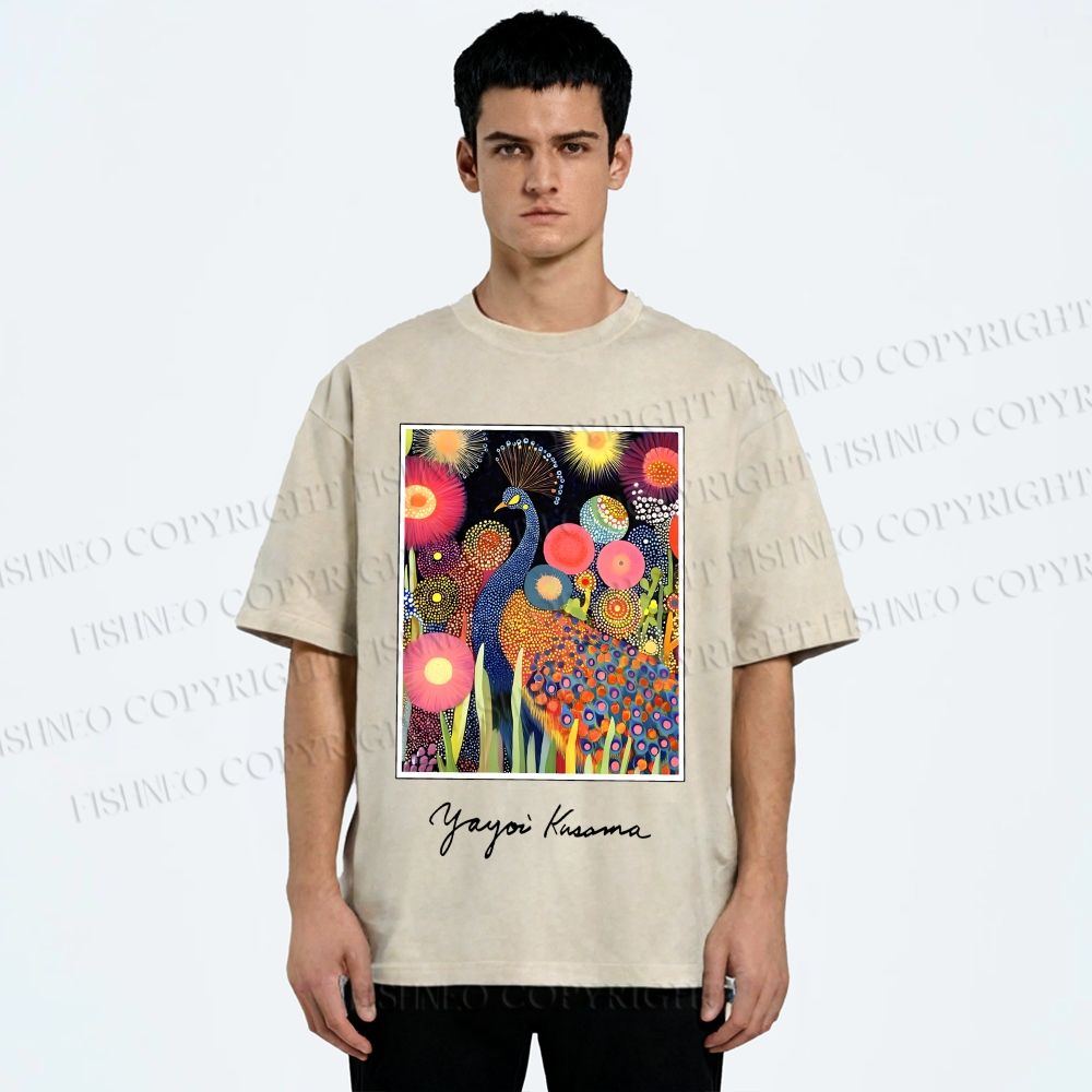 Unisex Yayoi Kusama Peacock Printed Washed Tee