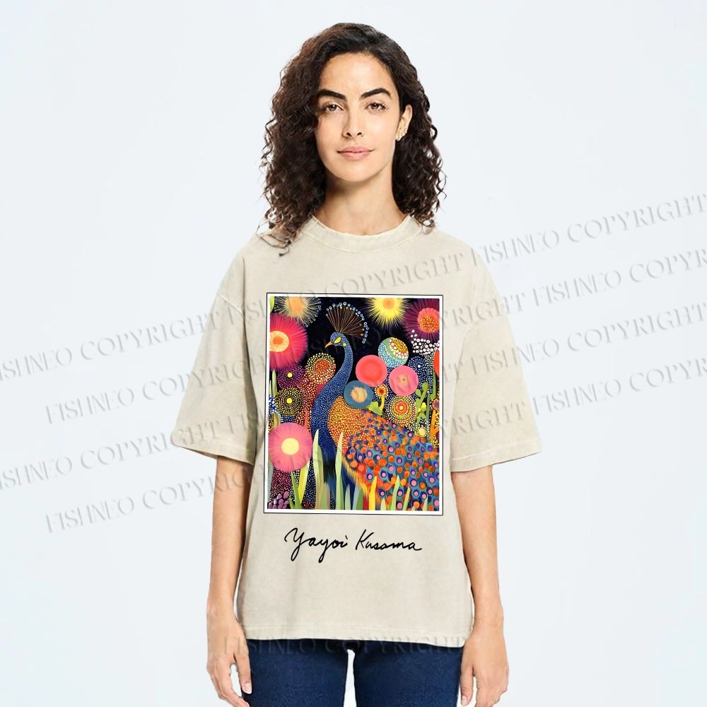Unisex Yayoi Kusama Peacock Printed Washed Tee