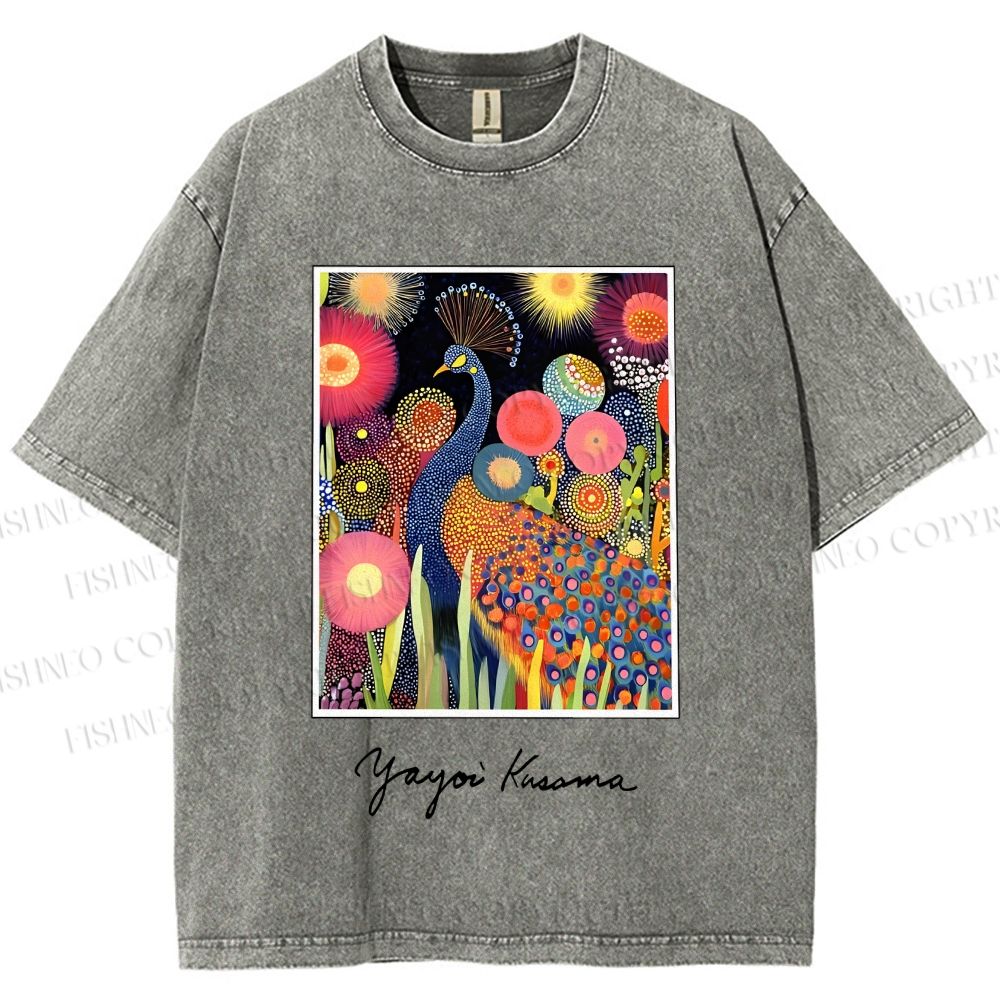 Unisex Yayoi Kusama Peacock Printed Washed Tee