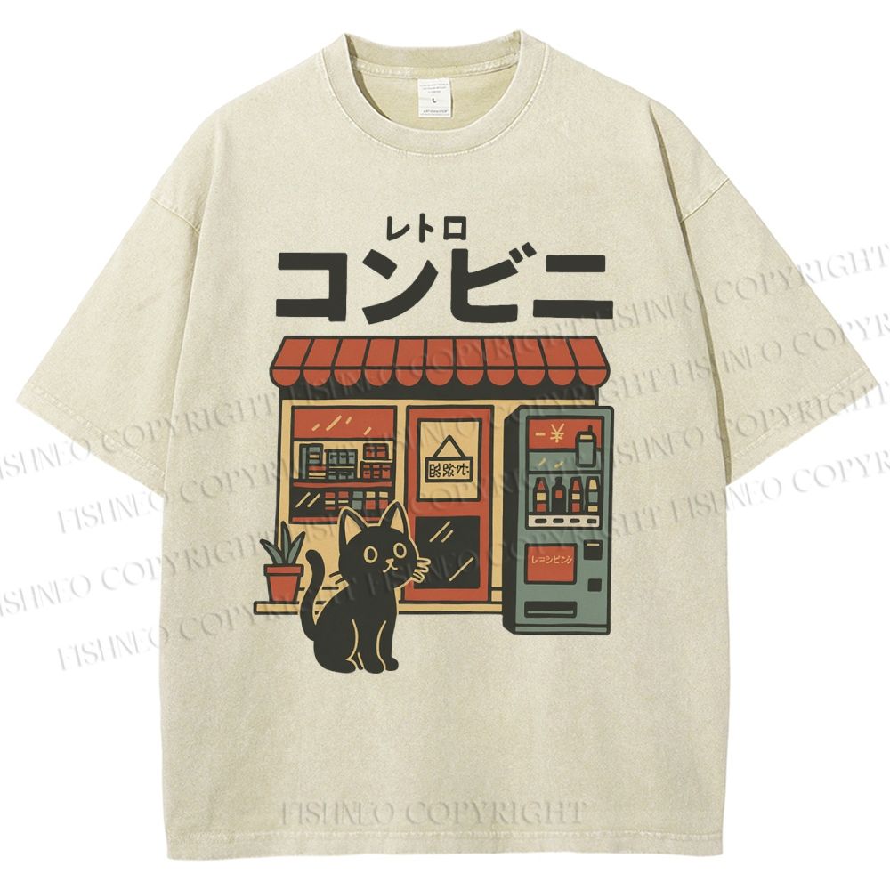 Unisex Cat Convenience Store Printed Washed Tee