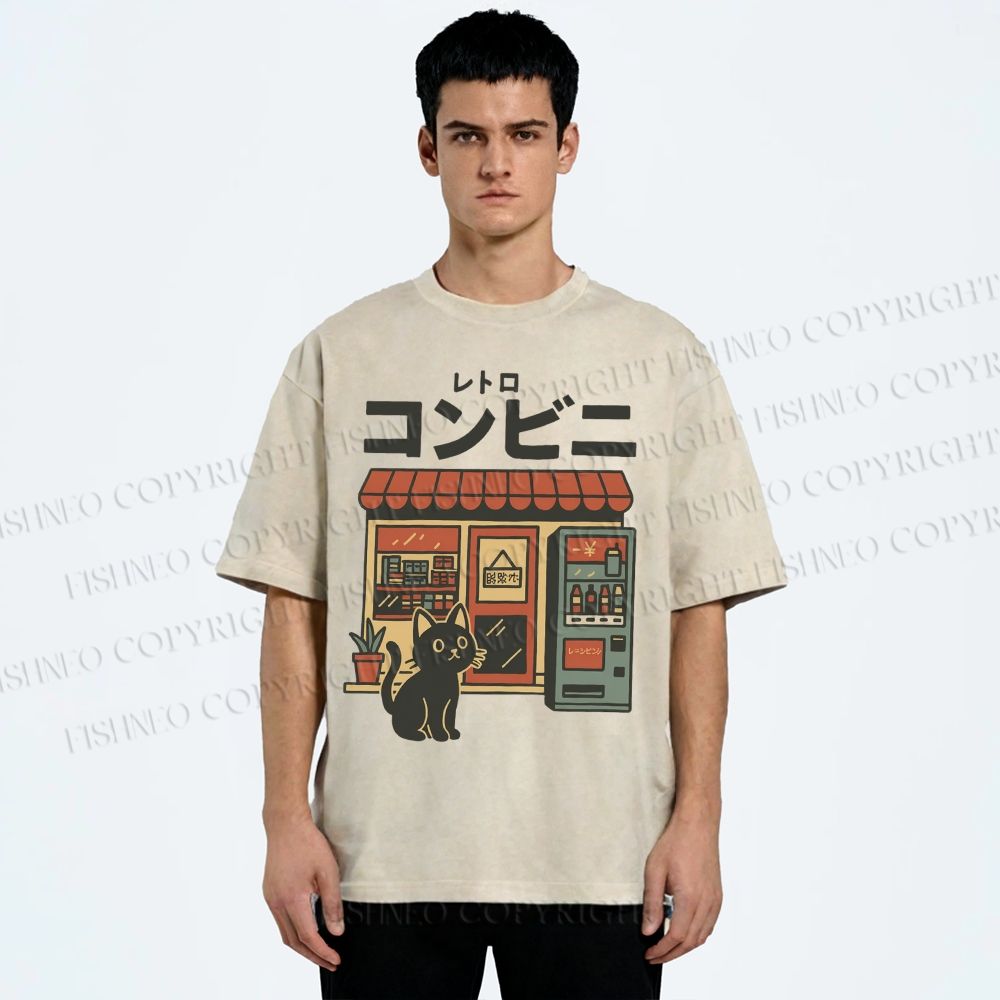 Unisex Cat Convenience Store Printed Washed Tee