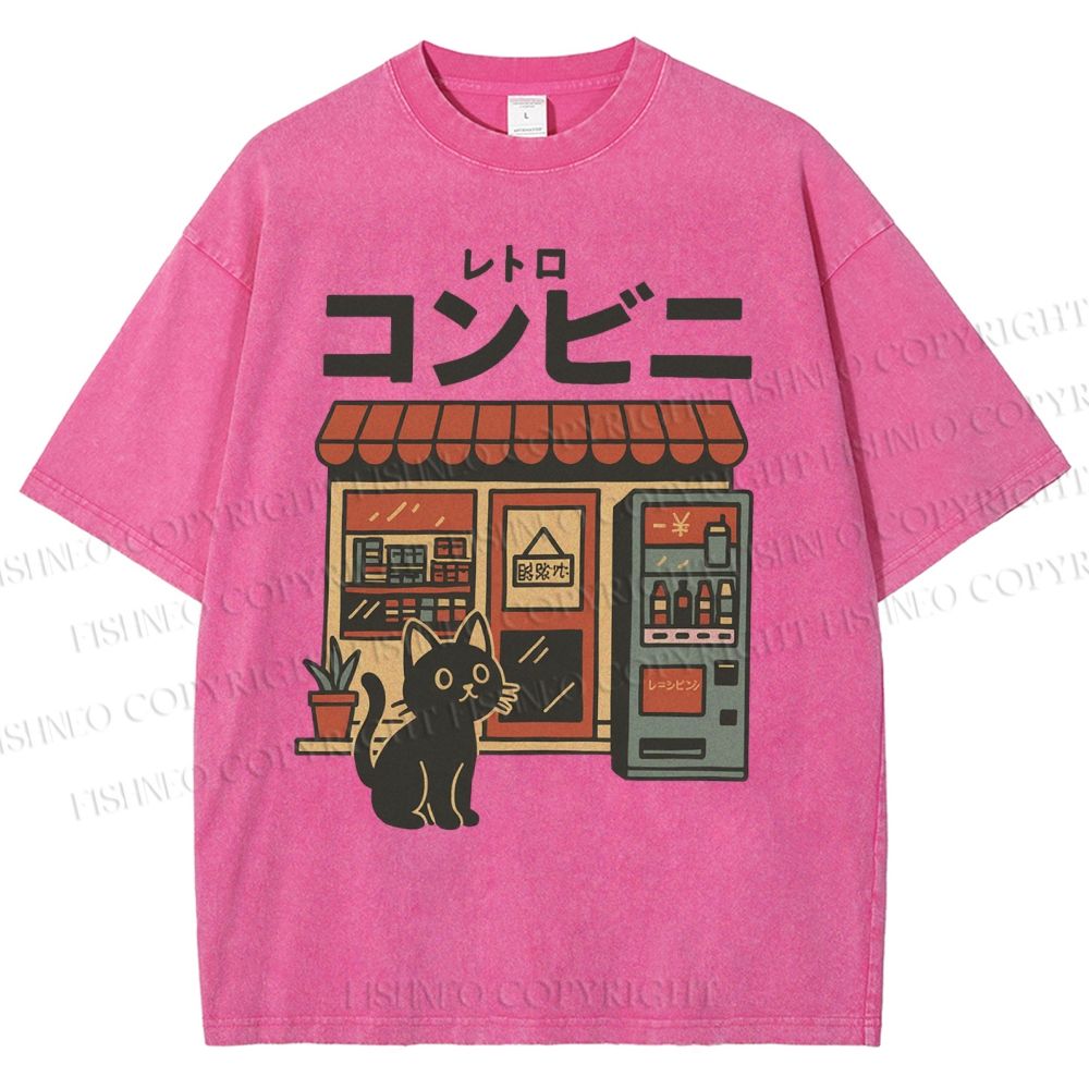Unisex Cat Convenience Store Printed Washed Tee