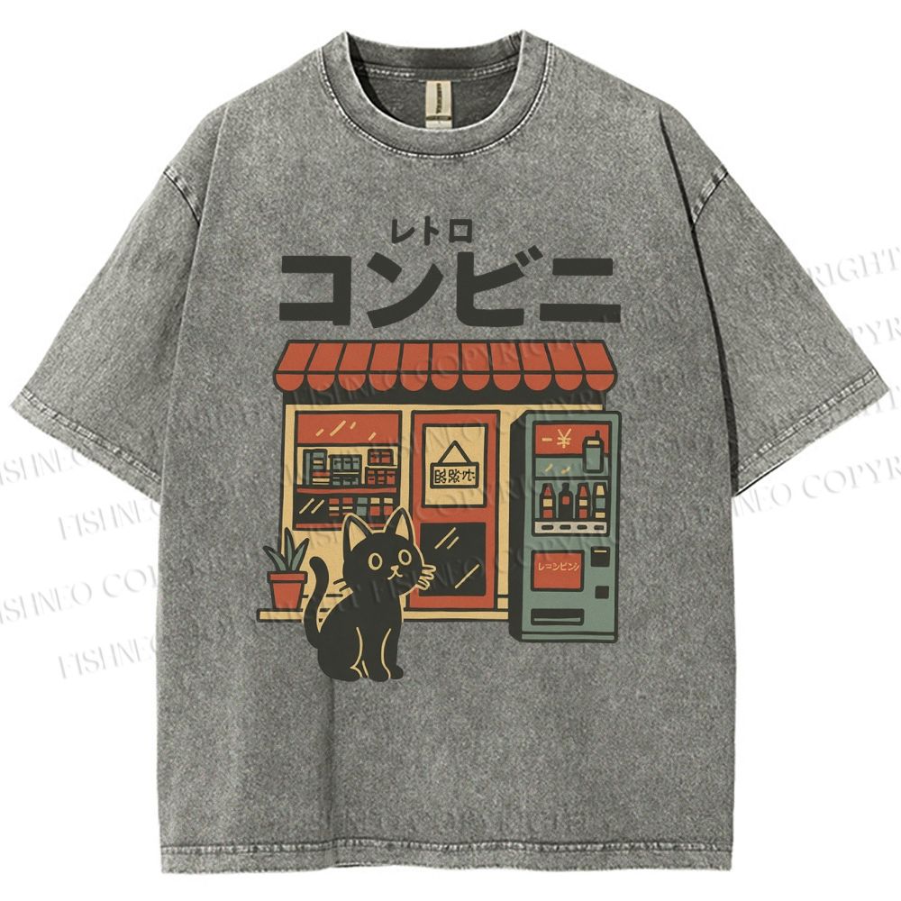 Unisex Cat Convenience Store Printed Washed Tee