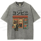 Unisex Cat Convenience Store Printed Washed Tee