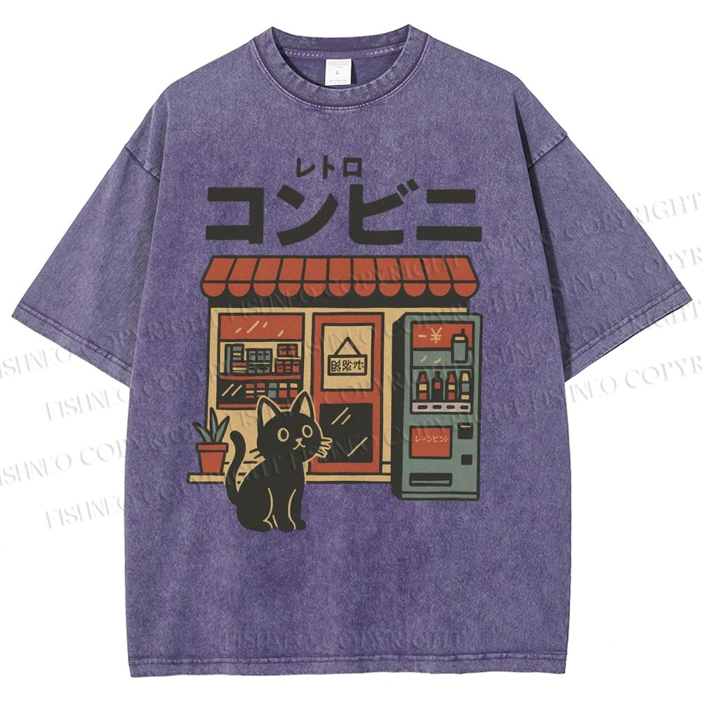Unisex Cat Convenience Store Printed Washed Tee