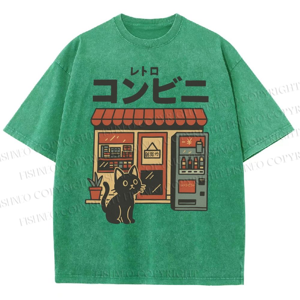 Unisex Cat Convenience Store Printed Washed Tee