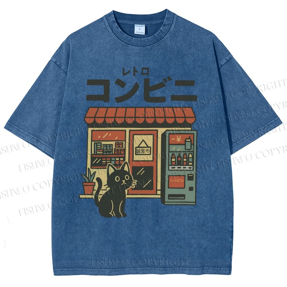 Unisex Cat Convenience Store Printed Washed Tee