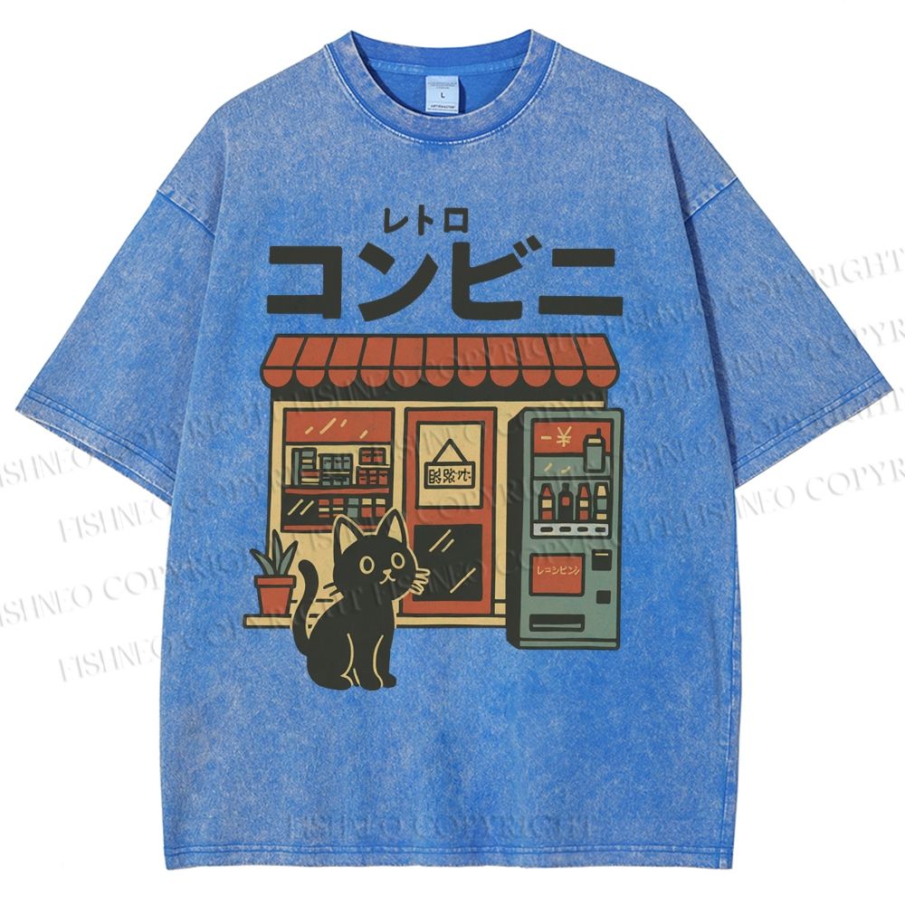 Unisex Cat Convenience Store Printed Washed Tee