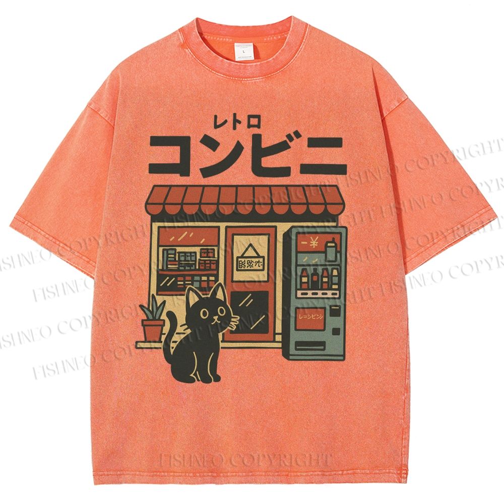 Unisex Cat Convenience Store Printed Washed Tee