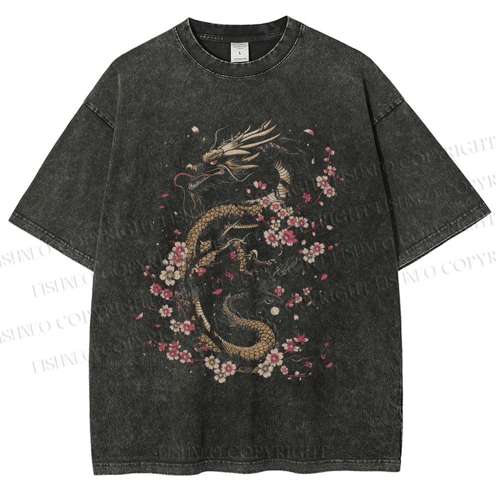 Unisex Dragon Printed Washed Tee