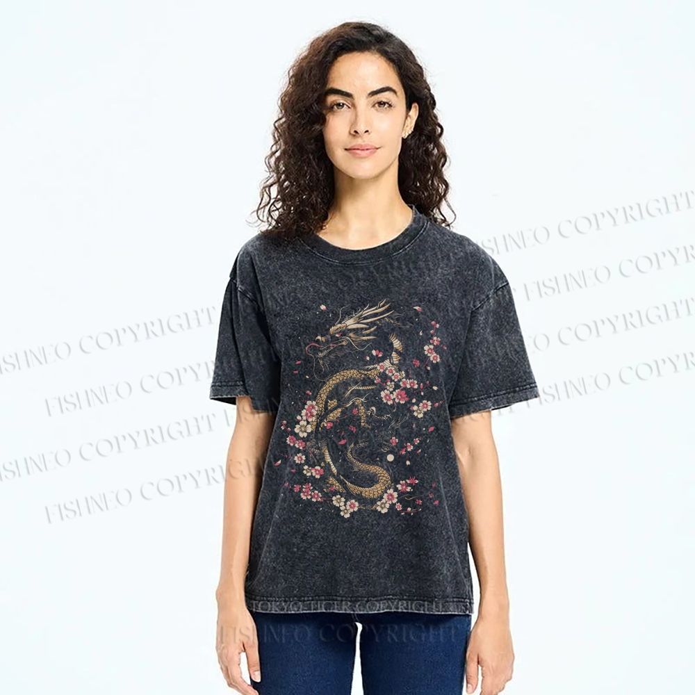 Unisex Dragon Printed Washed Tee