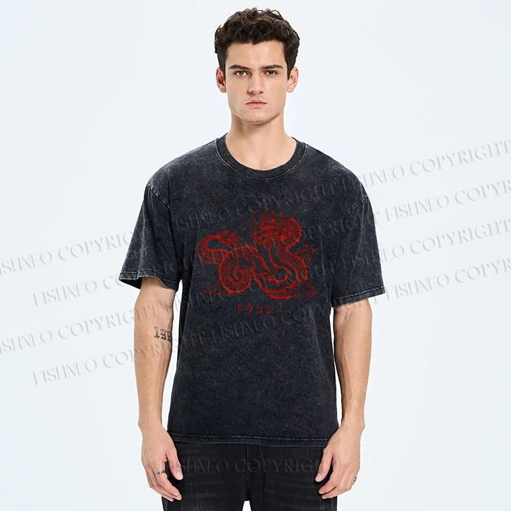 Unisex Dragon Printed Washed Tee