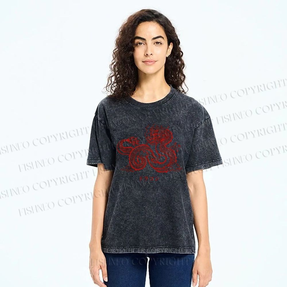 Unisex Dragon Printed Washed Tee