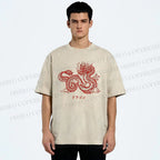 Unisex Dragon Printed Washed Tee
