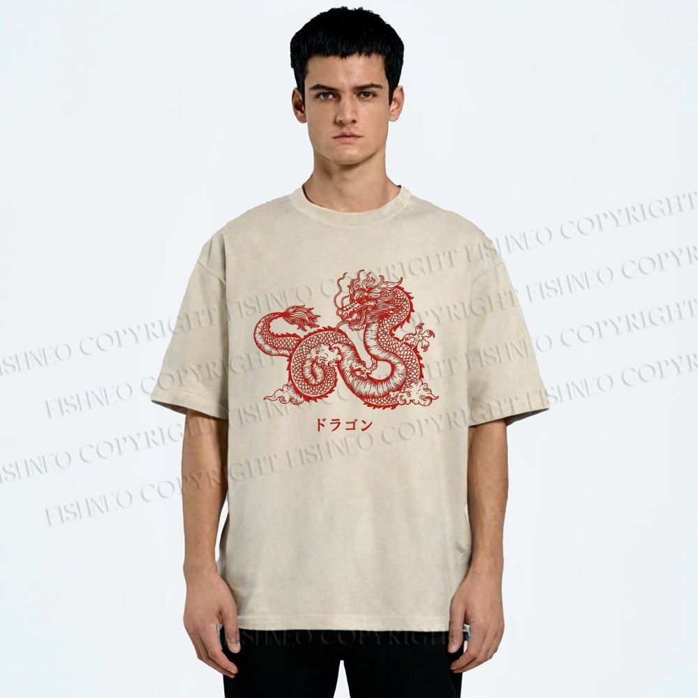 Unisex Dragon Printed Washed Tee