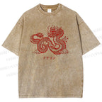 Unisex Dragon Printed Washed Tee