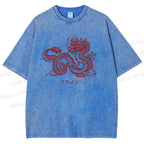 Unisex Dragon Printed Washed Tee
