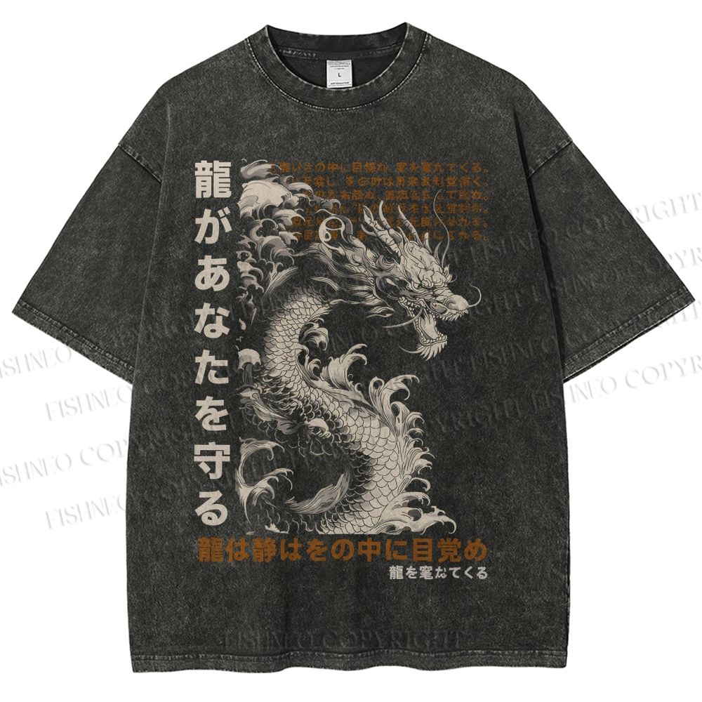 Unisex Dragon Printed Washed Tee