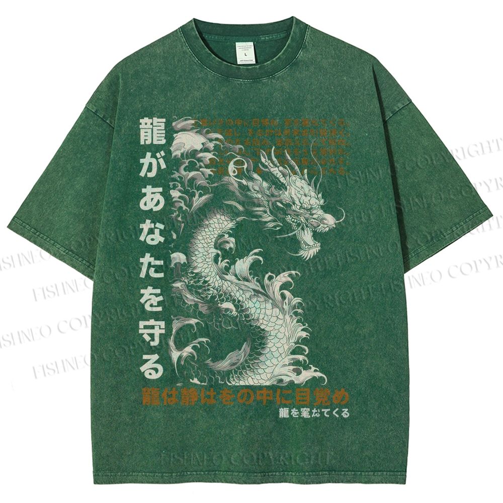 Unisex Dragon Printed Washed Tee