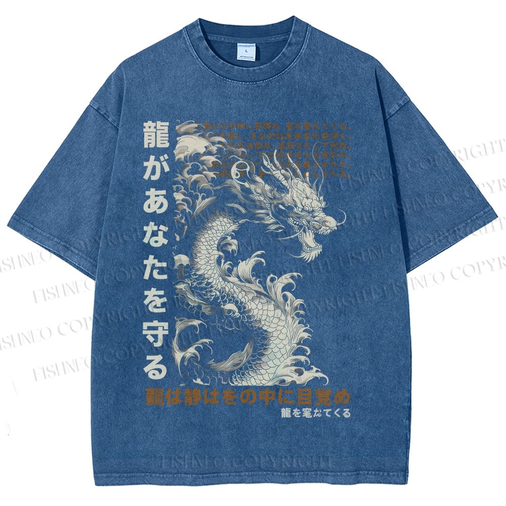 Unisex Dragon Printed Washed Tee