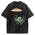 Unisex Retro Octopus Japanese Art Printed Washed Tee