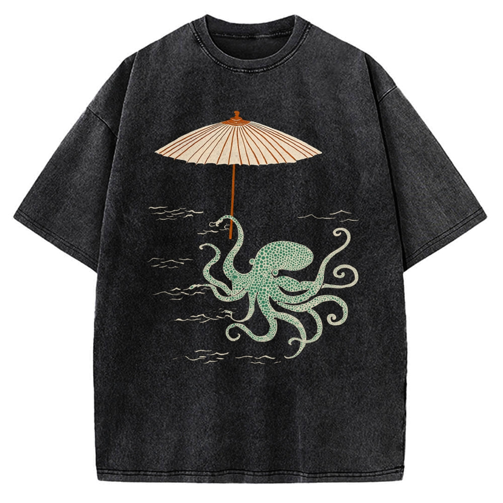 Unisex Retro Octopus Japanese Art Printed Washed Tee