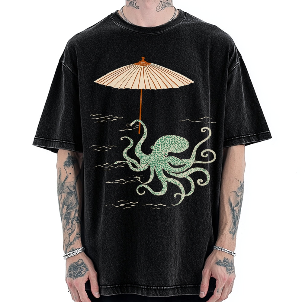 Unisex Retro Octopus Japanese Art Printed Washed Tee