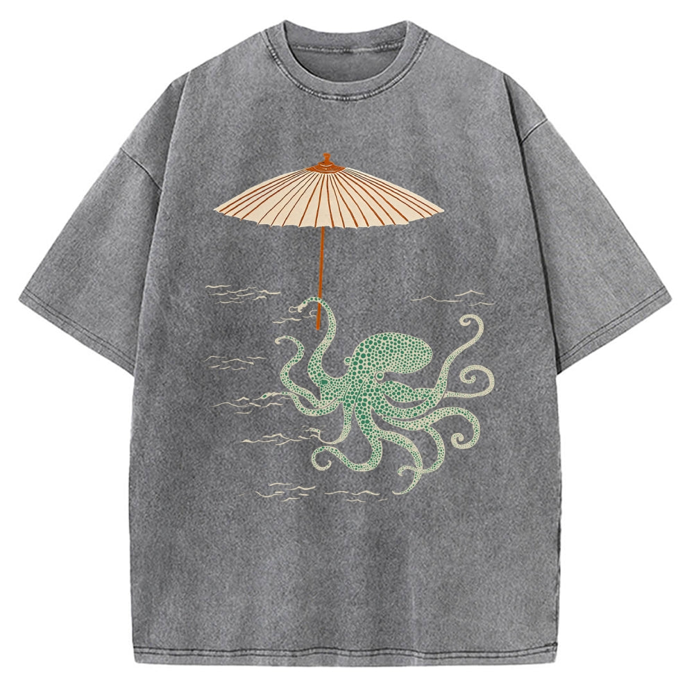 Unisex Retro Octopus Japanese Art Printed Washed Tee