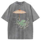 Unisex Retro Octopus Japanese Art Printed Washed Tee